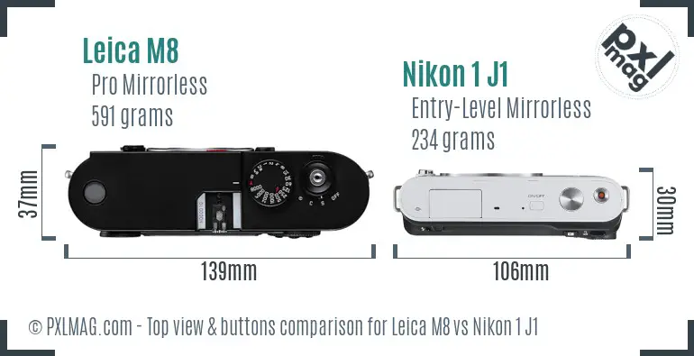 Leica M8 vs Nikon 1 J1 top view buttons comparison