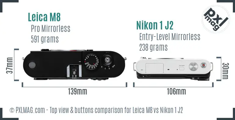 Leica M8 vs Nikon 1 J2 top view buttons comparison