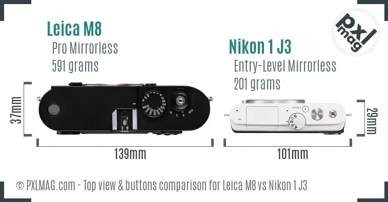Leica M8 vs Nikon 1 J3 top view buttons comparison