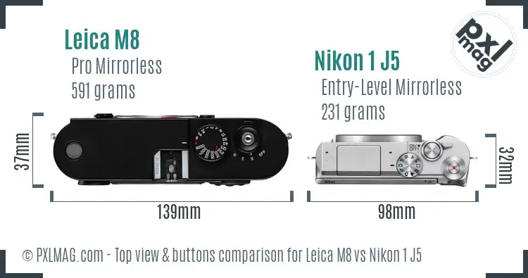 Leica M8 vs Nikon 1 J5 top view buttons comparison