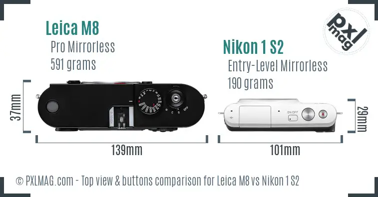 Leica M8 vs Nikon 1 S2 top view buttons comparison