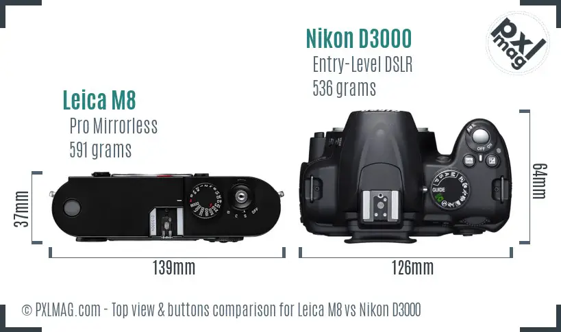 Leica M8 vs Nikon D3000 top view buttons comparison