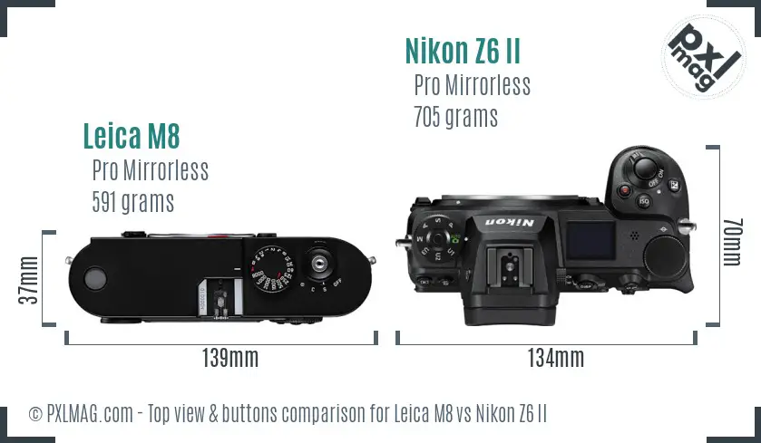 Leica M8 vs Nikon Z6 II top view buttons comparison