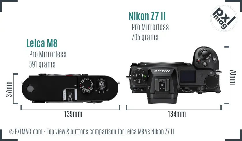 Leica M8 vs Nikon Z7 II top view buttons comparison