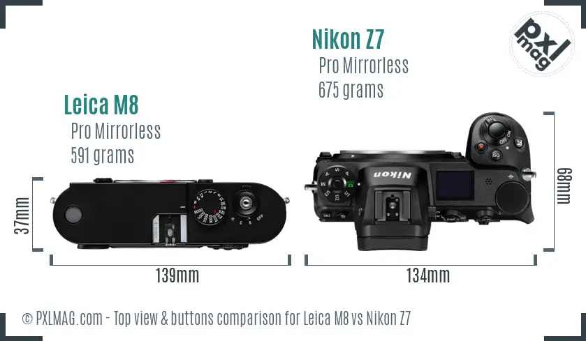 Leica M8 vs Nikon Z7 top view buttons comparison