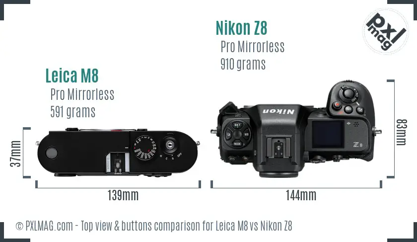 Leica M8 vs Nikon Z8 top view buttons comparison