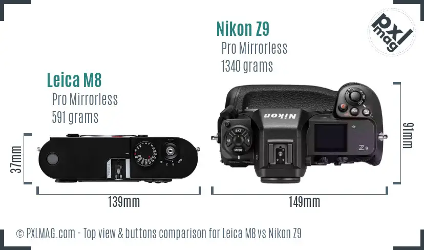 Leica M8 vs Nikon Z9 top view buttons comparison