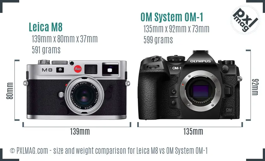 Leica M8 vs OM System OM-1 size comparison