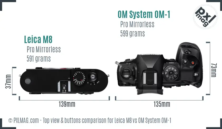 Leica M8 vs OM System OM-1 top view buttons comparison