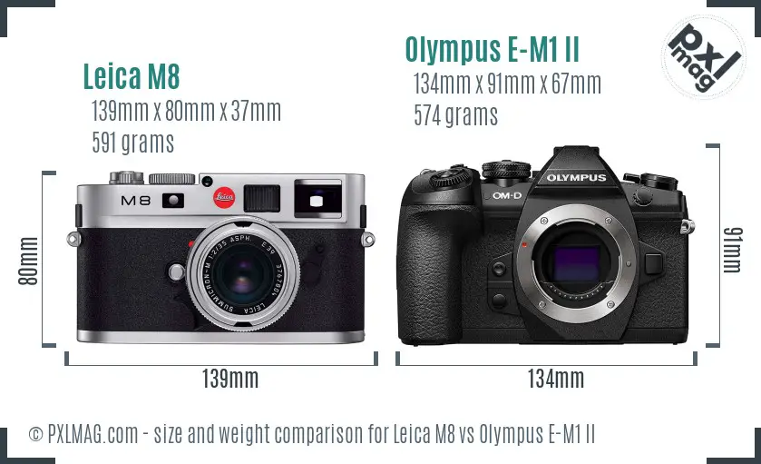 Leica M8 vs Olympus E-M1 II size comparison