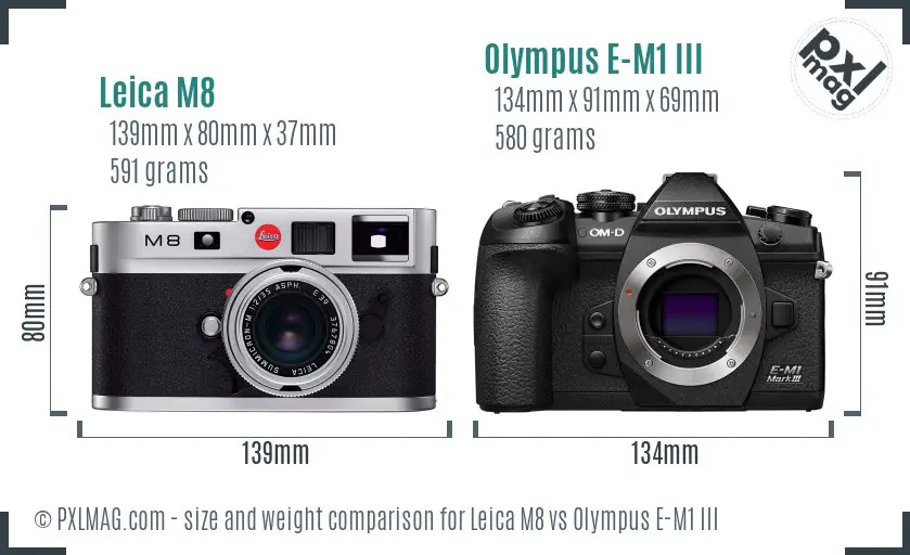 Leica M8 vs Olympus E-M1 III size comparison