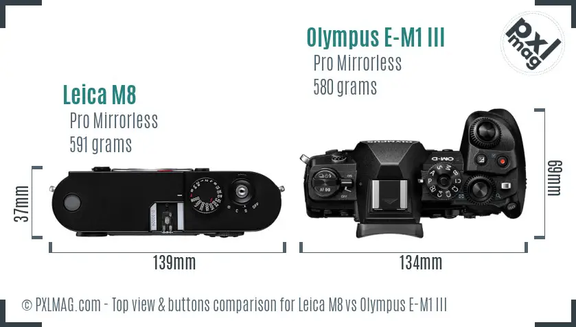 Leica M8 vs Olympus E-M1 III top view buttons comparison