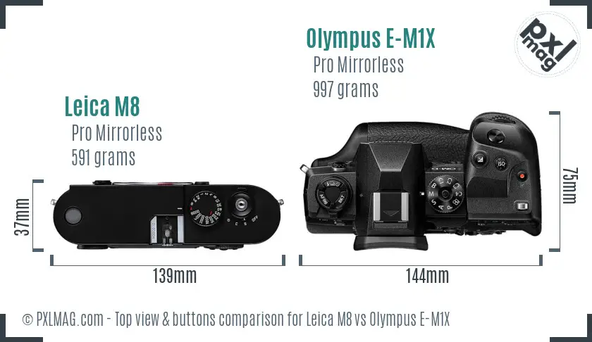 Leica M8 vs Olympus E-M1X top view buttons comparison