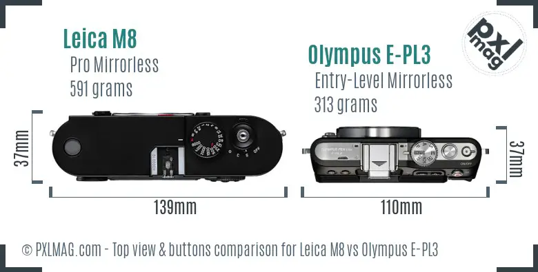 Leica M8 vs Olympus E-PL3 top view buttons comparison