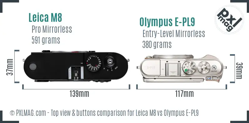 Leica M8 vs Olympus E-PL9 top view buttons comparison