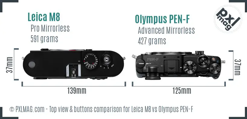 Leica M8 vs Olympus PEN-F top view buttons comparison