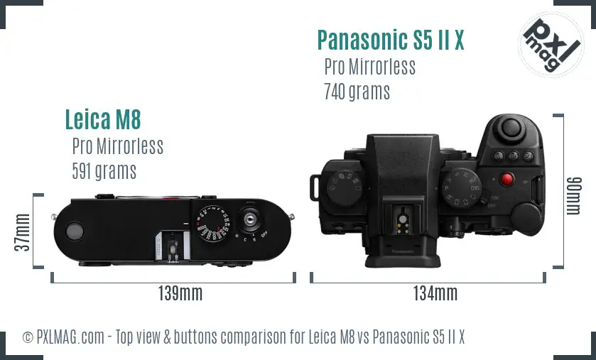 Leica M8 vs Panasonic S5 II X top view buttons comparison Leica M8 vs Panasonic S5 II X top view buttons comparison