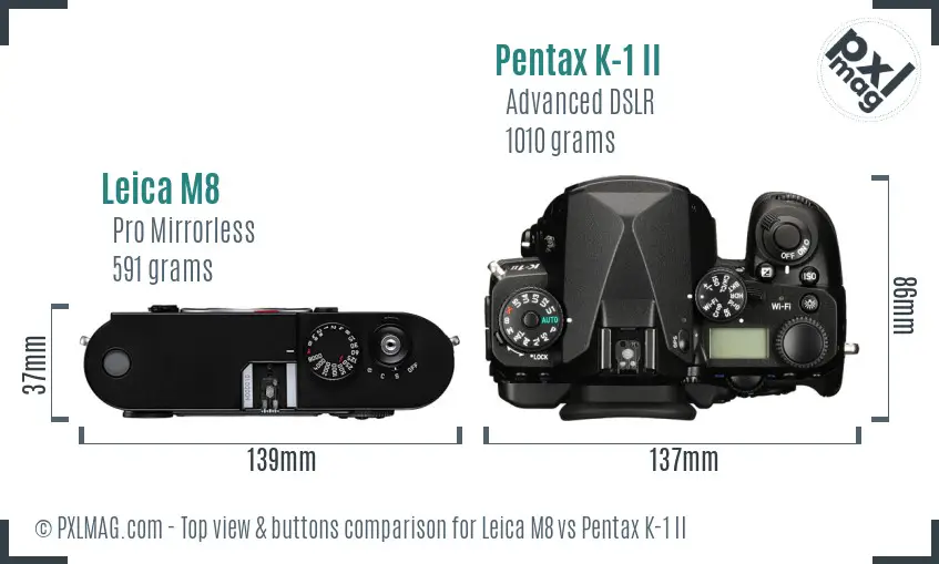 Leica M8 vs Pentax K-1 II top view buttons comparison