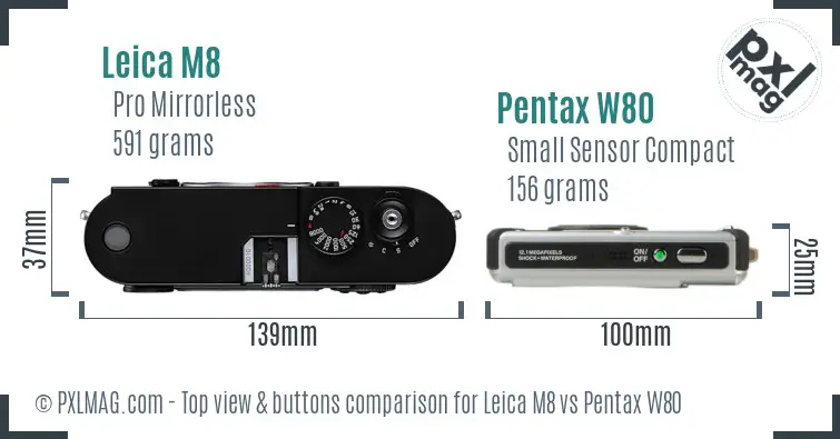 Leica M8 vs Pentax W80 top view buttons comparison