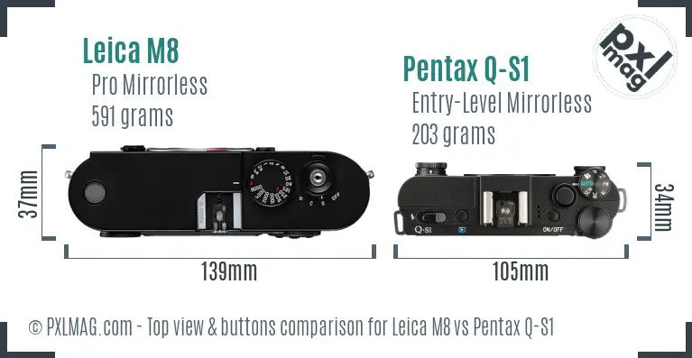 Leica M8 vs Pentax Q-S1 top view buttons comparison