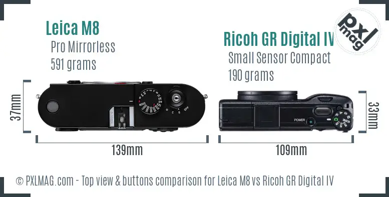 Leica M8 vs Ricoh GR Digital IV top view buttons comparison