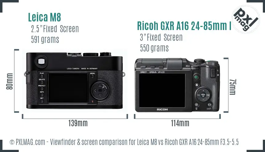 Leica M8 vs Ricoh GXR A16 24-85mm F3.5-5.5 Screen and Viewfinder comparison