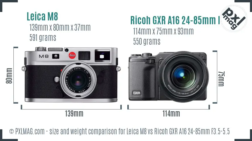 Leica M8 vs Ricoh GXR A16 24-85mm F3.5-5.5 size comparison
