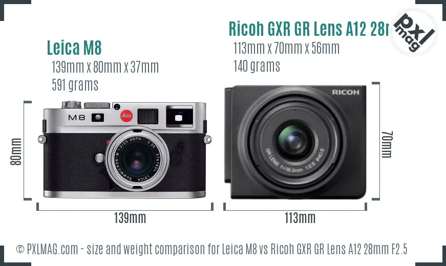 Leica M8 vs Ricoh GXR GR Lens A12 28mm F2.5 size comparison