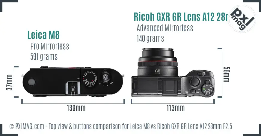 Leica M8 vs Ricoh GXR GR Lens A12 28mm F2.5 top view buttons comparison