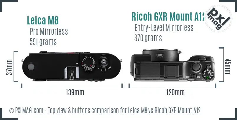 Leica M8 vs Ricoh GXR Mount A12 top view buttons comparison