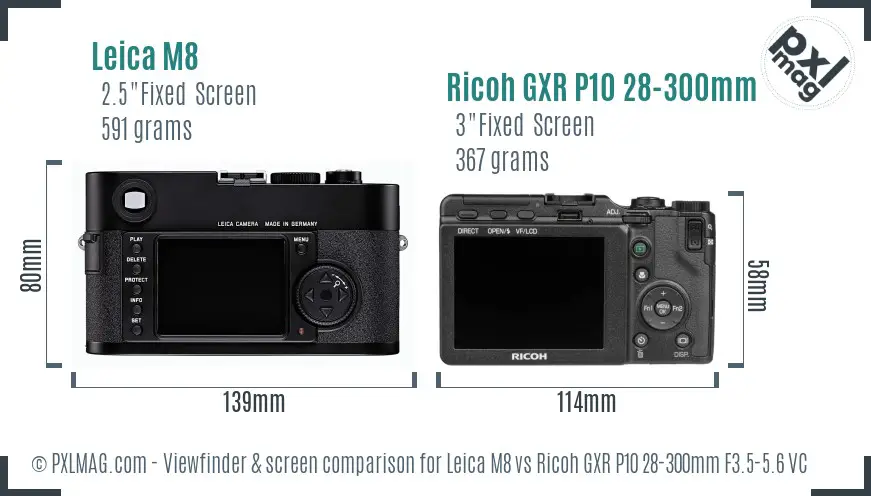 Leica M8 vs Ricoh GXR P10 28-300mm F3.5-5.6 VC Screen and Viewfinder comparison