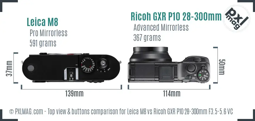 Leica M8 vs Ricoh GXR P10 28-300mm F3.5-5.6 VC top view buttons comparison