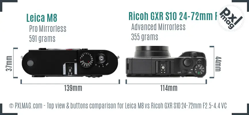 Leica M8 vs Ricoh GXR S10 24-72mm F2.5-4.4 VC top view buttons comparison