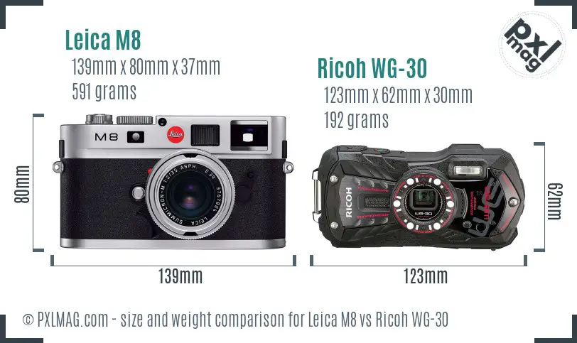 Leica M8 vs Ricoh WG-30 size comparison