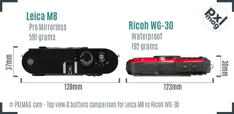 Leica M8 vs Ricoh WG-30 top view buttons comparison