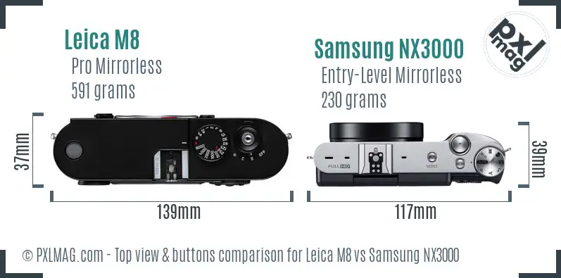 Leica M8 vs Samsung NX3000 top view buttons comparison Leica M8 vs Samsung NX3000 top view buttons comparison
