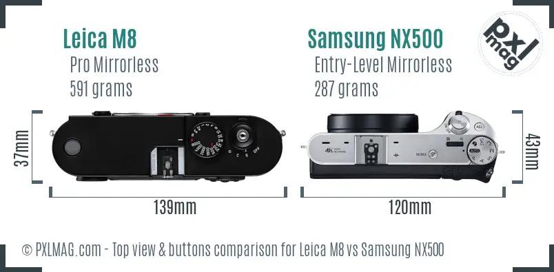 Leica M8 vs Samsung NX500 top view buttons comparison
