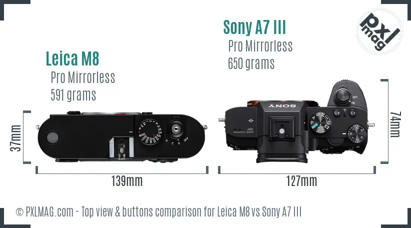 Leica M8 vs Sony A7 III top view buttons comparison