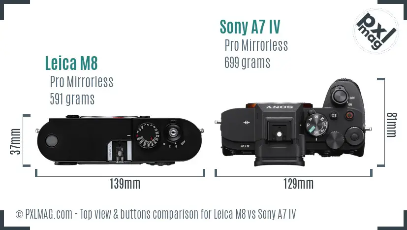 Leica M8 vs Sony A7 IV top view buttons comparison