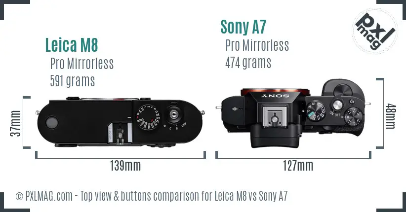 Leica M8 vs Sony A7 top view buttons comparison