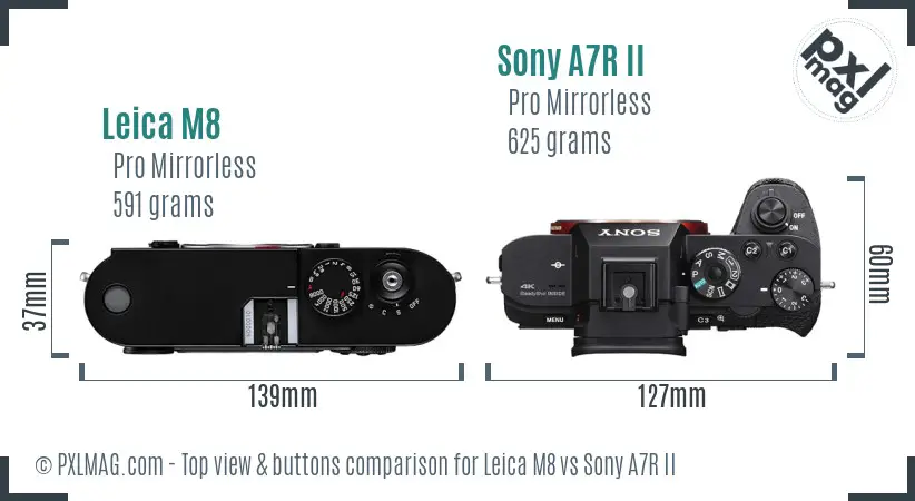 Leica M8 vs Sony A7R II top view buttons comparison