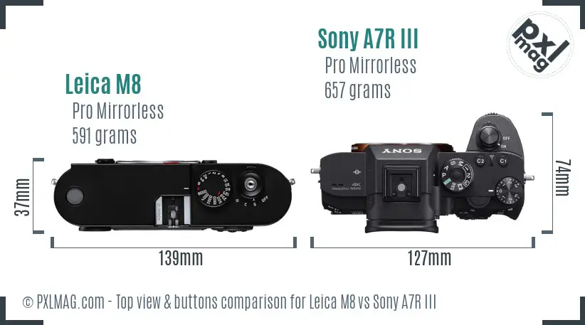 Leica M8 vs Sony A7R III top view buttons comparison