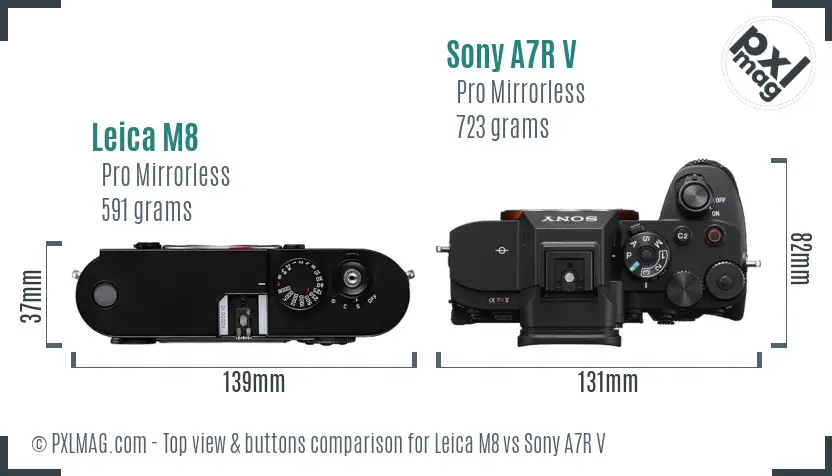 Leica M8 vs Sony A7R V top view buttons comparison