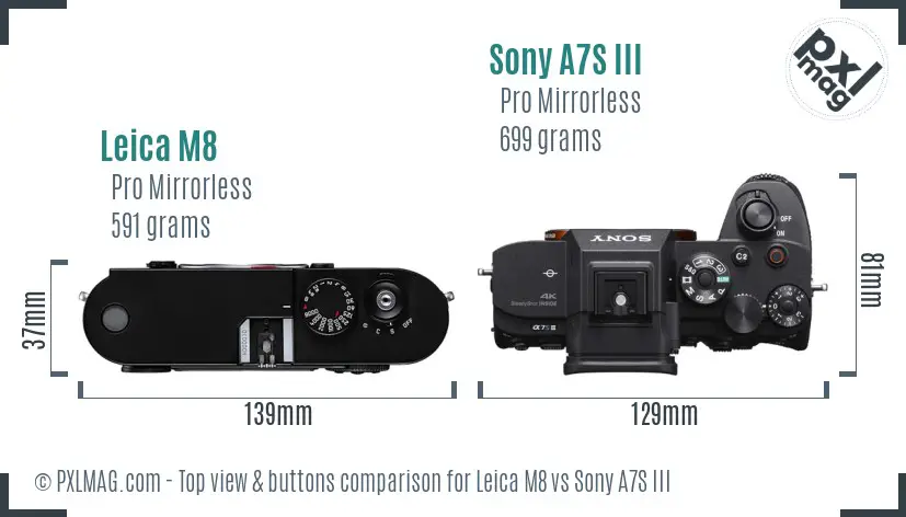 Leica M8 vs Sony A7S III top view buttons comparison