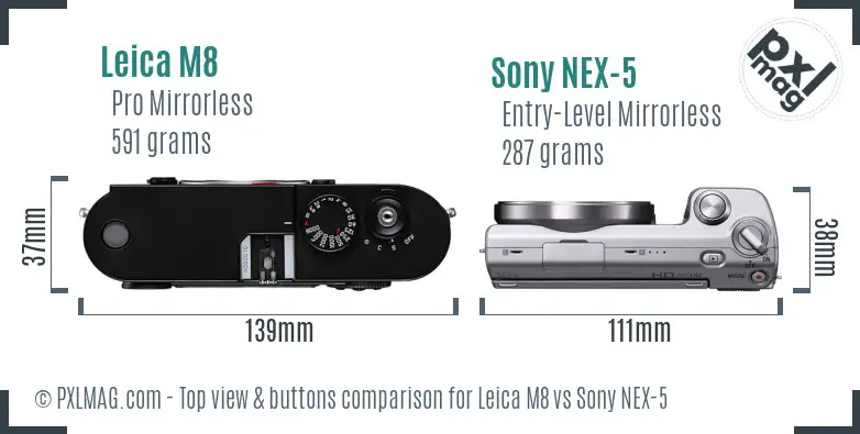 Leica M8 vs Sony NEX-5 top view buttons comparison Leica M8 vs Sony NEX-5 top view buttons comparison