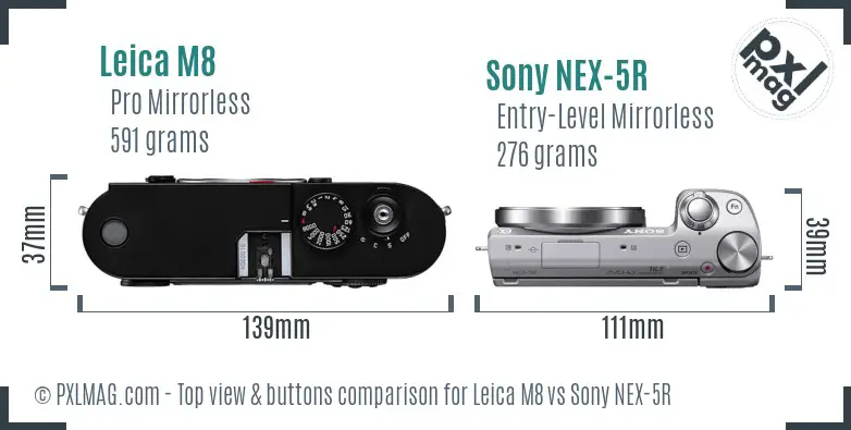 Leica M8 vs Sony NEX-5R top view buttons comparison