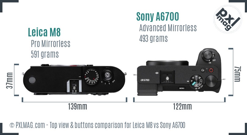 Leica M8 vs Sony A6700 top view buttons comparison
