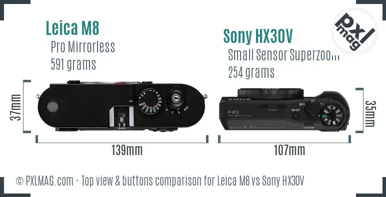 Leica M8 vs Sony HX30V top view buttons comparison