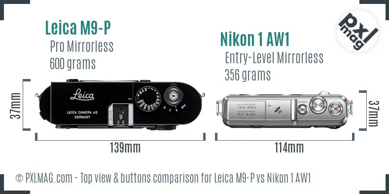 Leica M9-P vs Nikon 1 AW1 top view buttons comparison