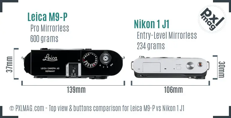 Leica M9-P vs Nikon 1 J1 top view buttons comparison